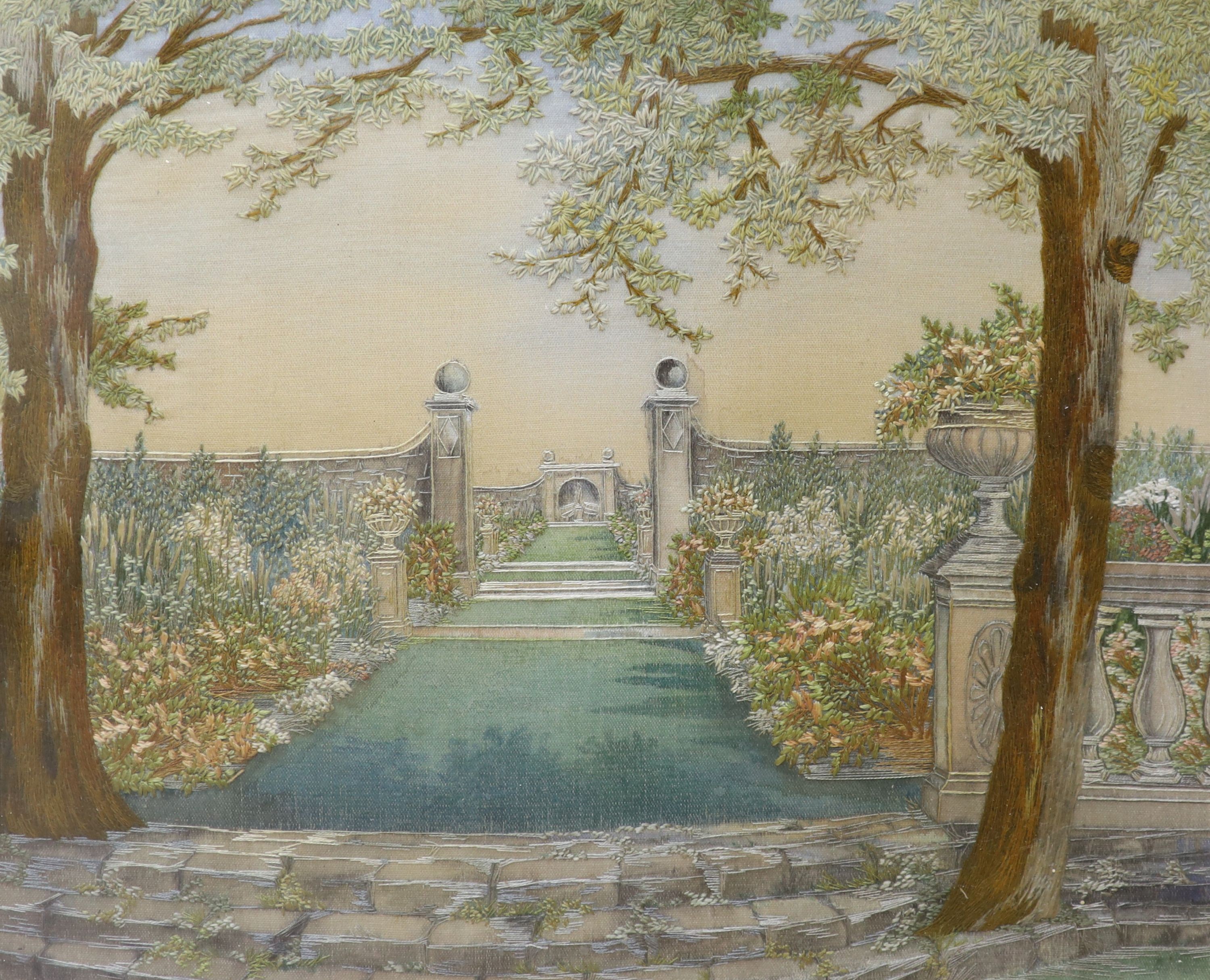 A 1920's-30's embroidered picture of a classical garden